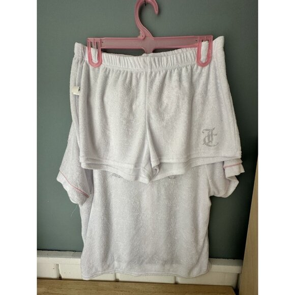 Juicy Couture Pj Set Women’s Sz CL Rhinestones Studded Logo In White Terry Cloth - Picture 5 of 6